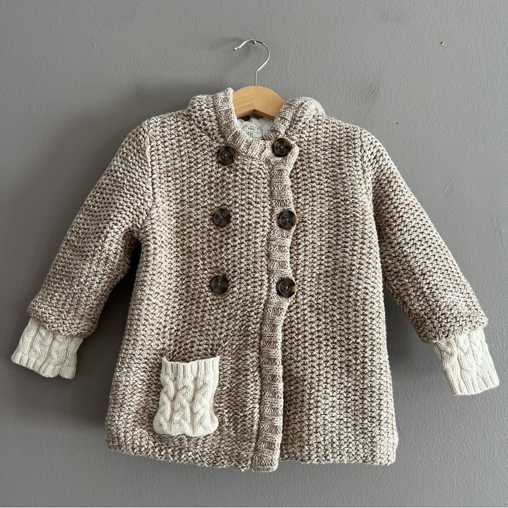 Max Studio Baby Knit Sweater Coat Hoodie Chunky Heavy Sherpa Cotton Beige Sz 2T